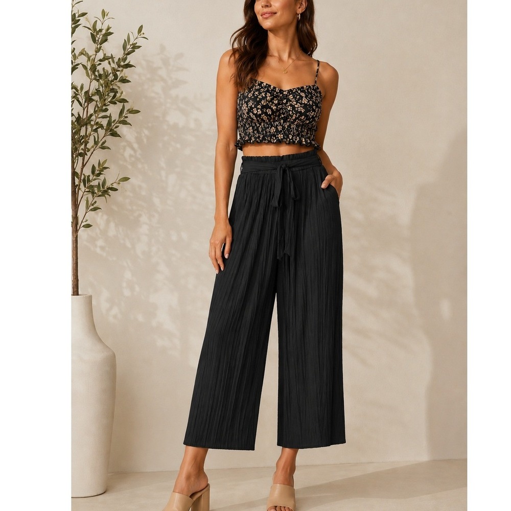 Zara Black Pleated Wide Leg Culotte Pants Size Large